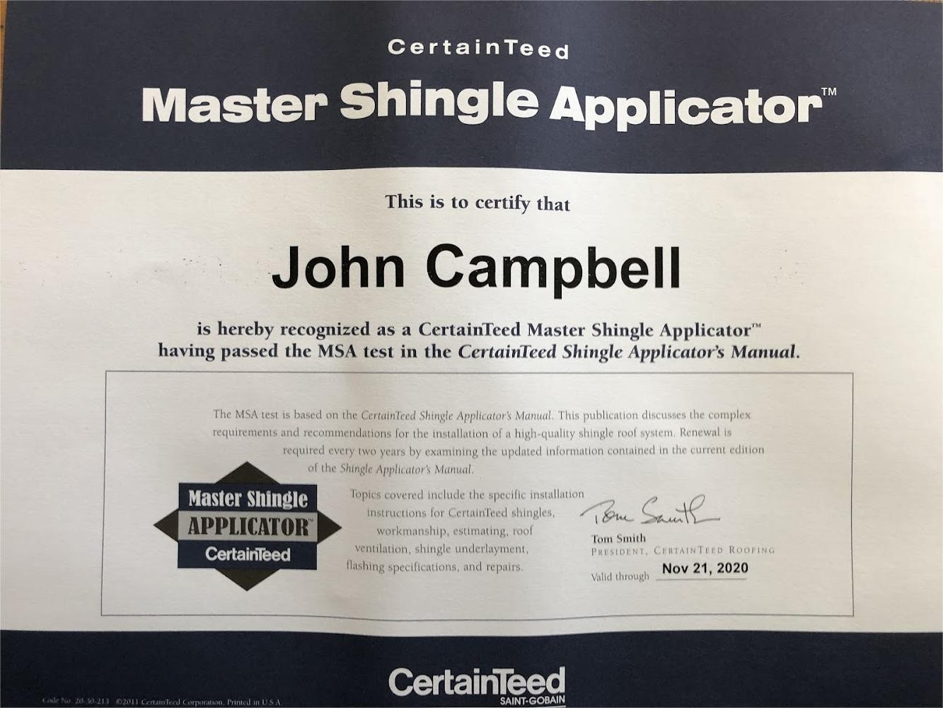 Professional certification from Knox Roofing owner