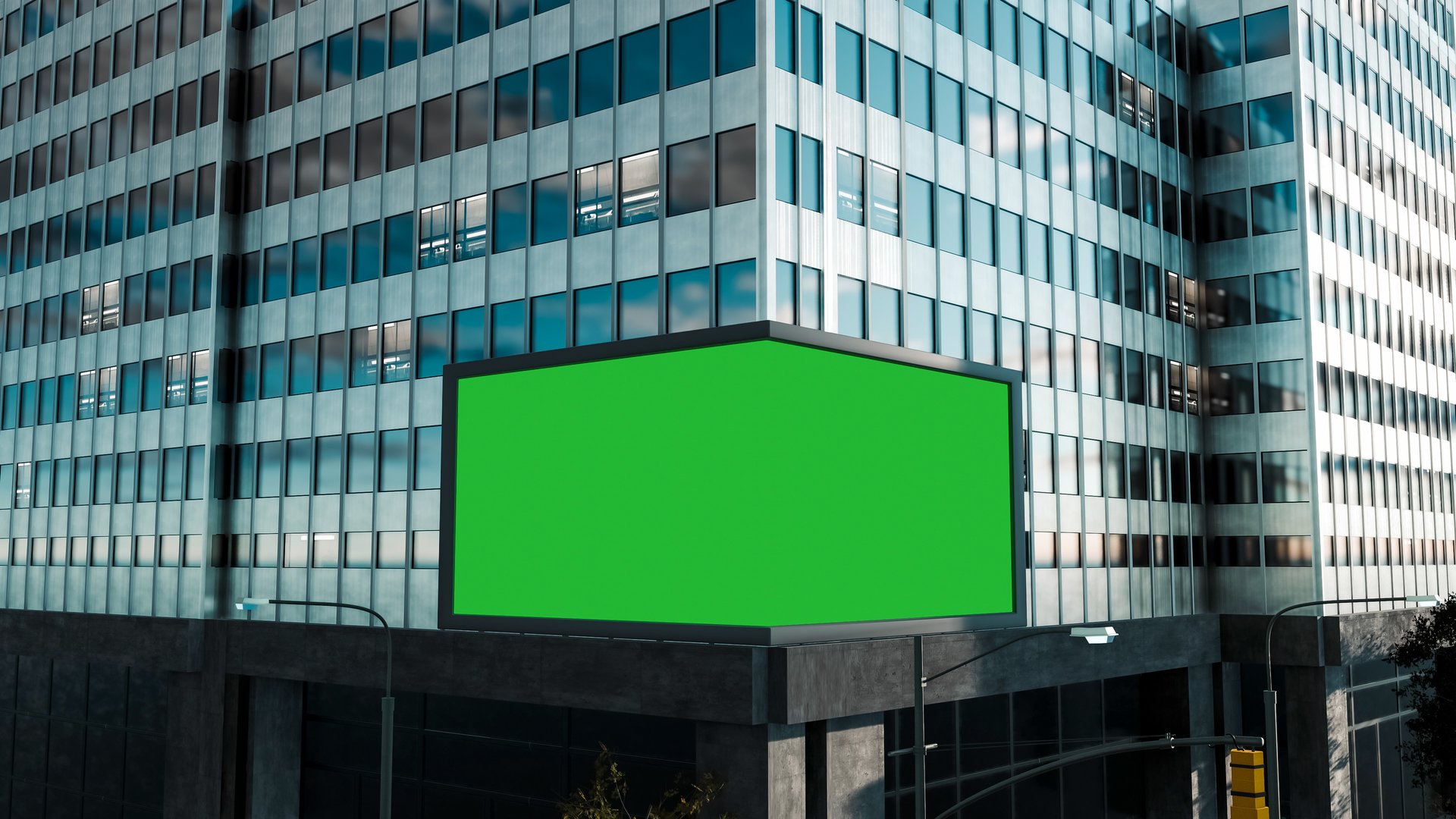 Large billboard with a green screen for advertising on the building wall. 3D illustration