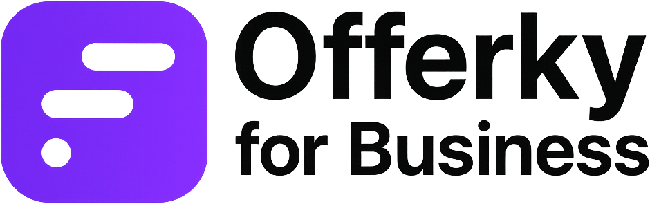 Logo of Offerky for Business with a stylized purple symbol on the left and business name in black text on the right.