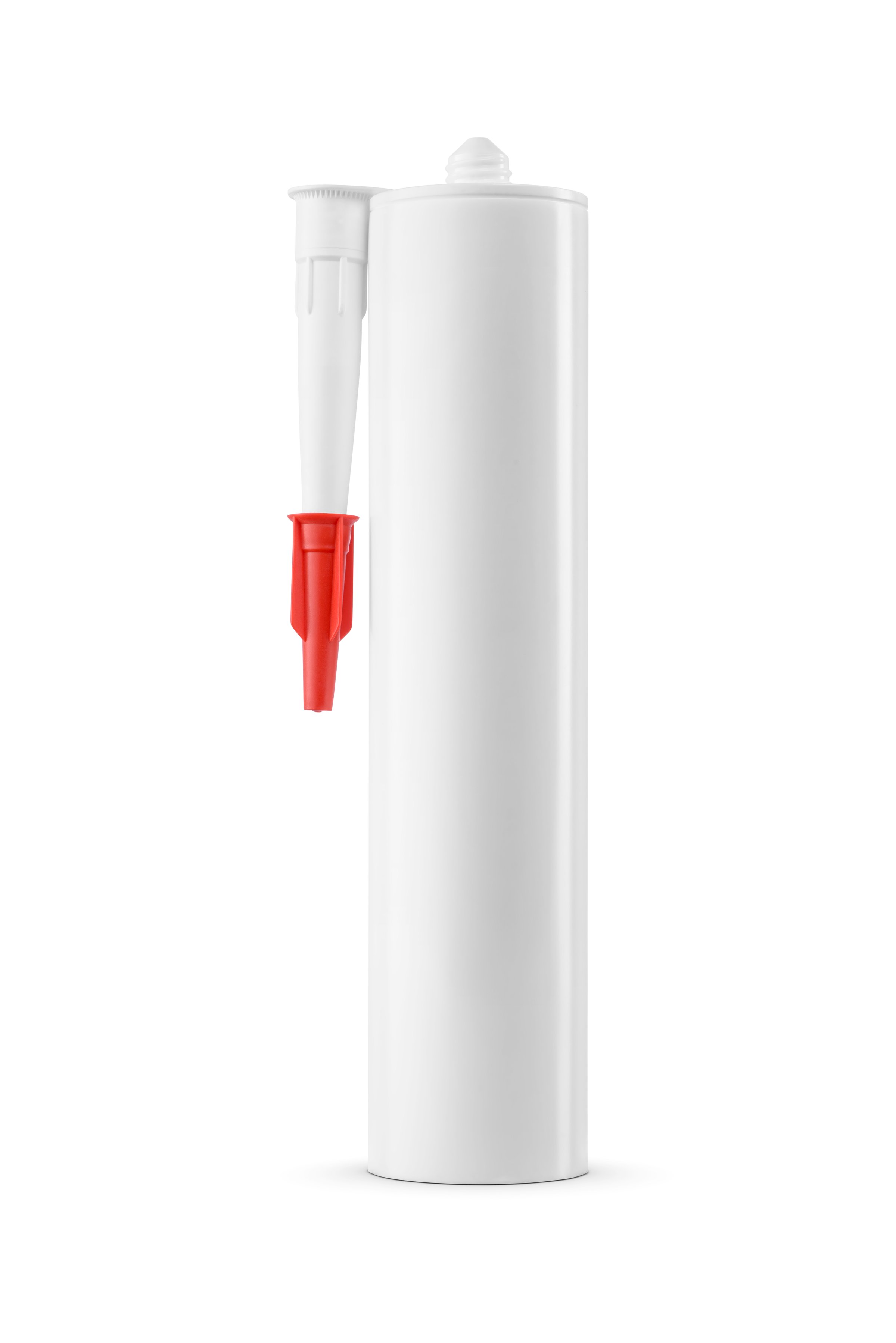 Clean white plastic PE cartridge for silicone sealant isolated on white background.