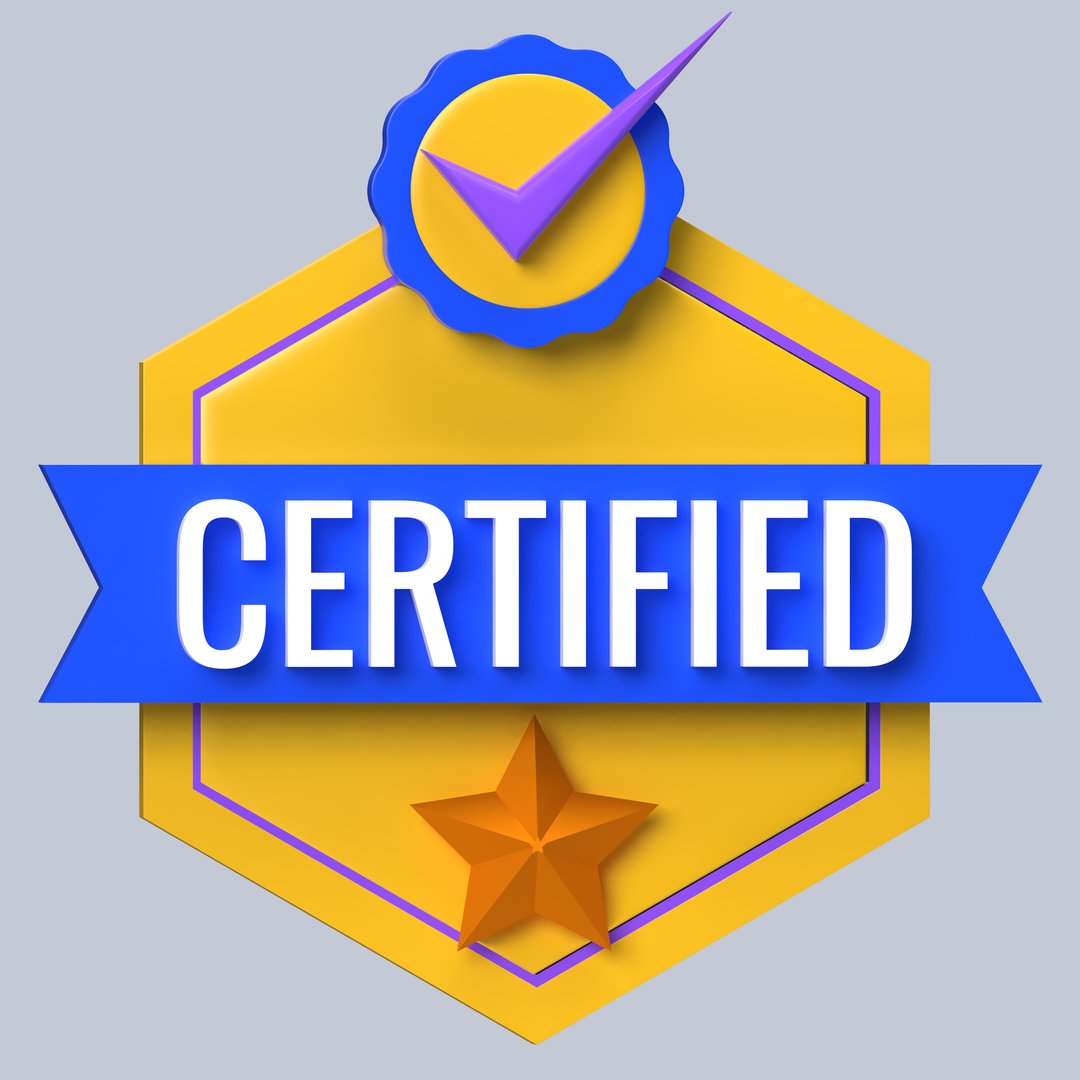 Hexagon seal with check and "certified" ribbon for official recognition.