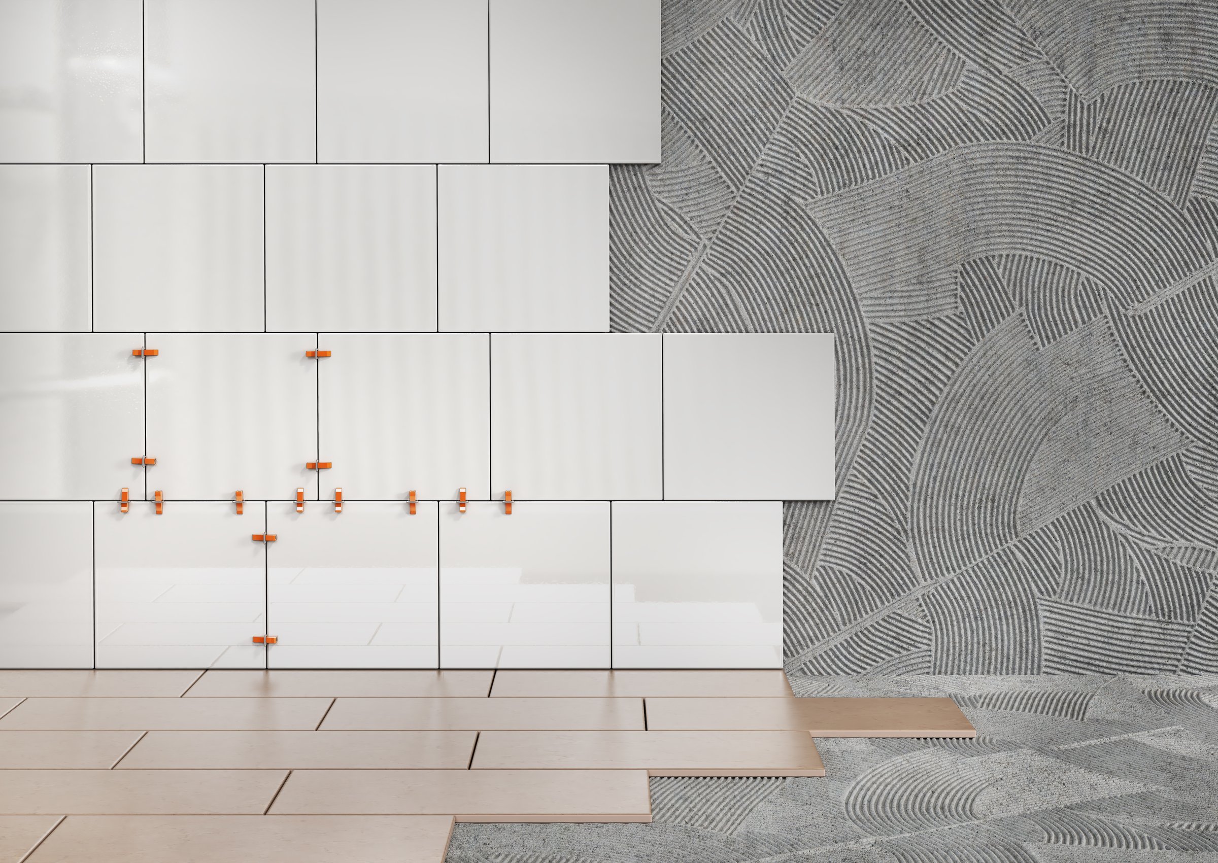 Ceramic tiles on the wall and floor in the install process. 3d illustration