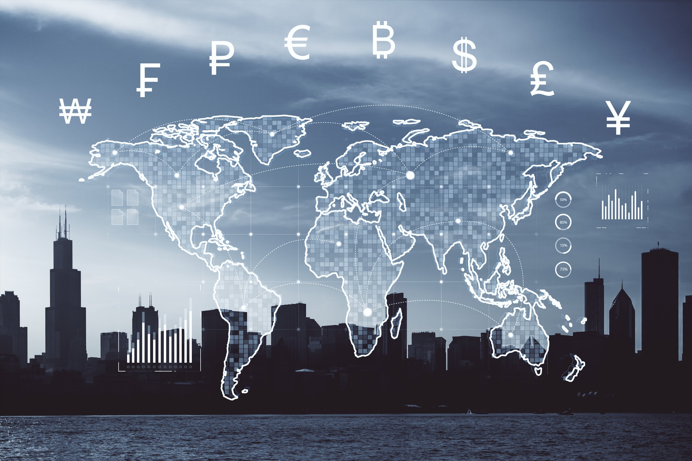 World map with currency symbols and financial data overlay on Chicago skyline, holographic style, representing global finance and transactions