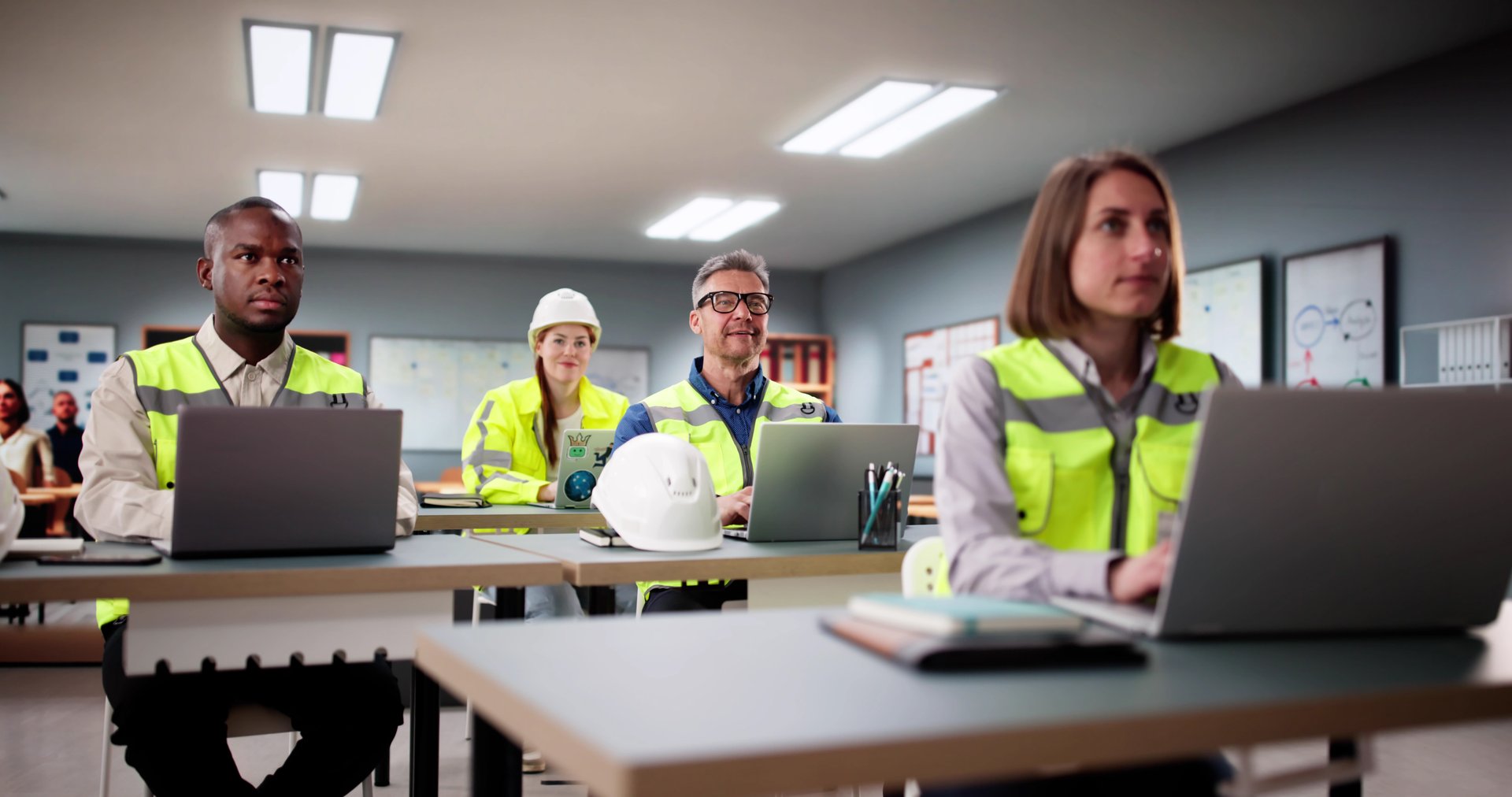 Students Work In A Classroom With Laptops, Learning Diverse Software.