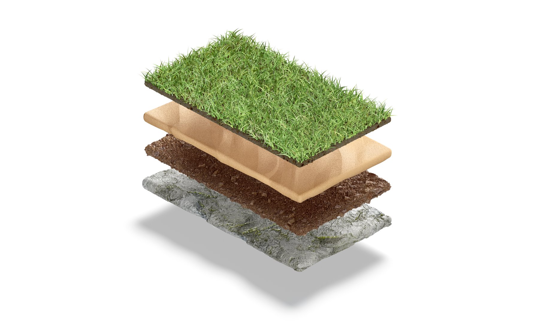 Blank grass, sand, ground and stone material layers mockup, 3d rendering. Empty nature top soil layered landscape mock up, isolated. Clear lawn, earth and rock geology structure template.