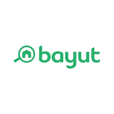 Bayut logo with a house icon inside a magnifying glass, all in green.
