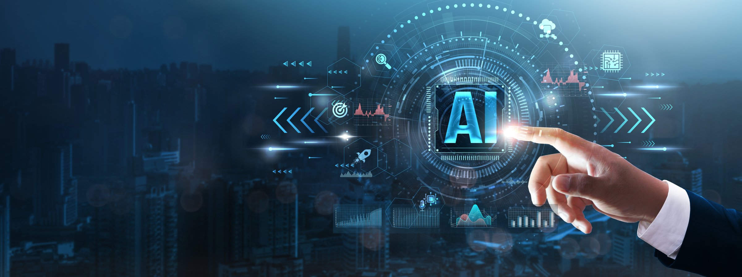 AI: Businessman's hand touching futuristic technological interface, machine learning, data analysis, automation, and artificial intelligence business innovation and technology concept.