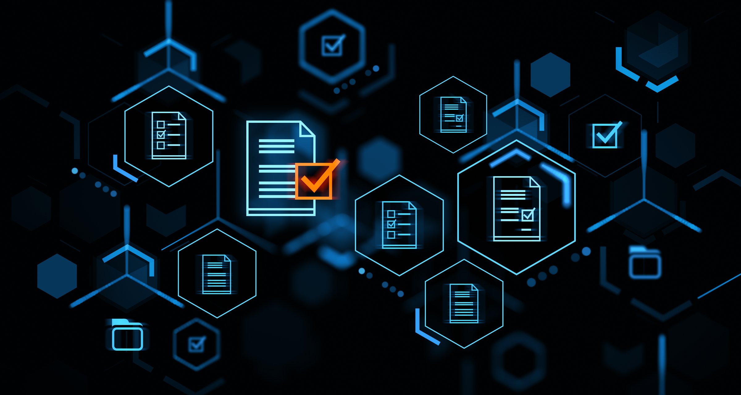 Glowing document management system hologram chain, icons of files connected and check marks. Concept of audit, electronic certification and analysis. 3D rendering illustration
