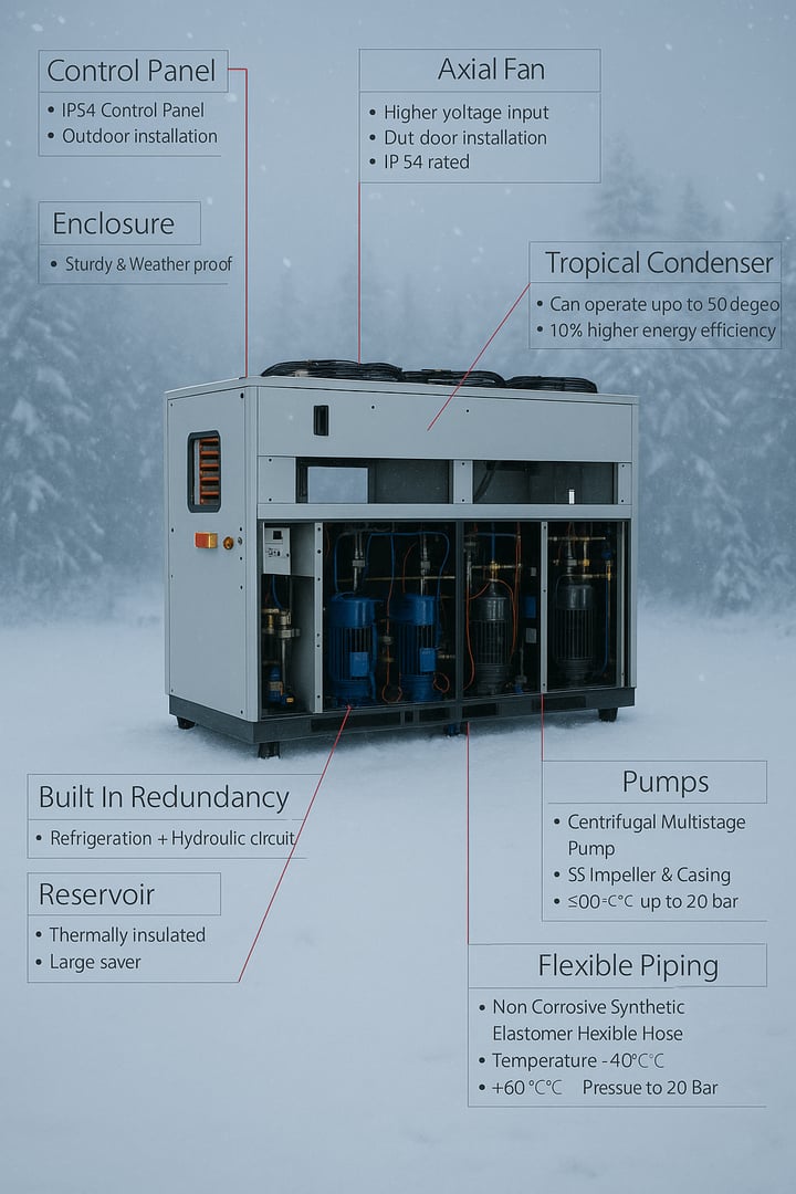 Outdoor industrial chiller unit with labeled components including control panel, condenser, pumps, and flexible piping.
