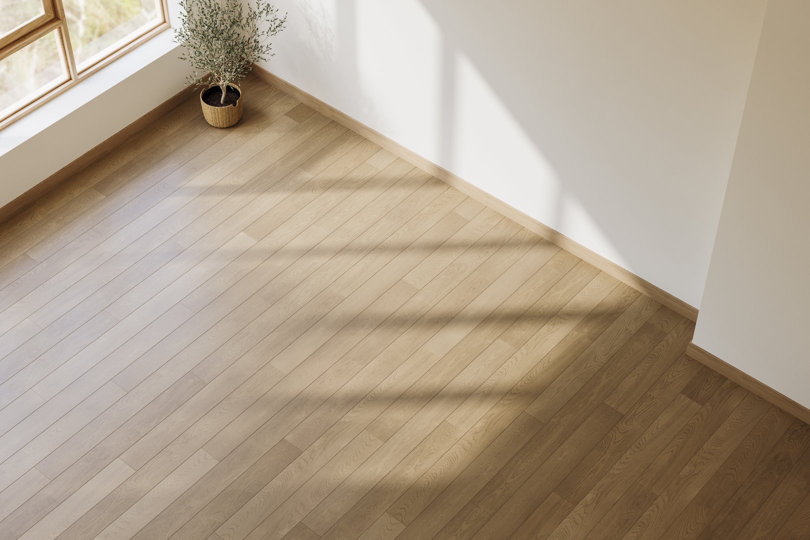 Top view of modern minimal interior living room with white wall and wooden floor .3d rendering