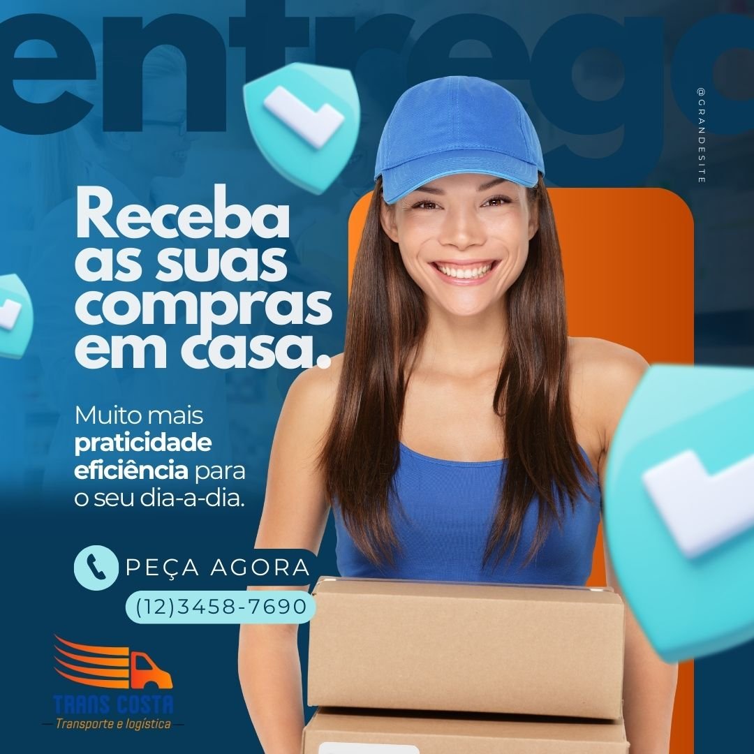 Smiling delivery person holding boxes, caption promotes efficient home delivery service by Trans Costa Transport.