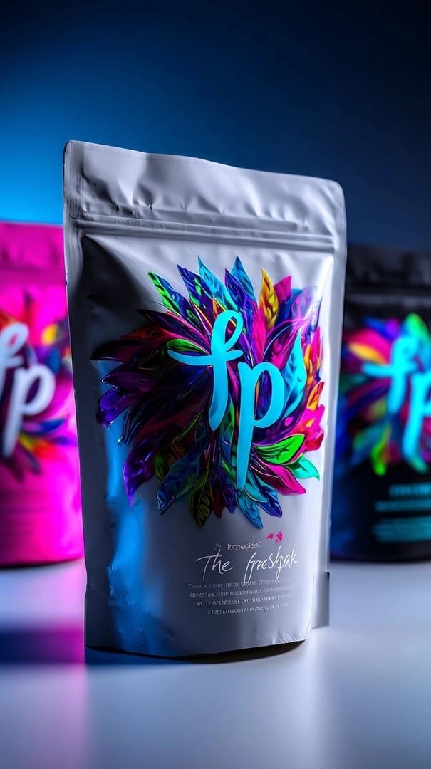 A colorful, glossy package featuring vibrant, abstract floral graphics and the letters fp on the front.