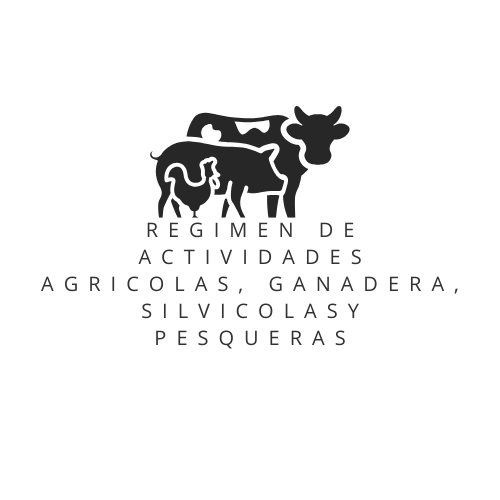 Silhouette of cow, pig, and goat with Spanish text about agricultural, livestock, forestry, and fishing activities.