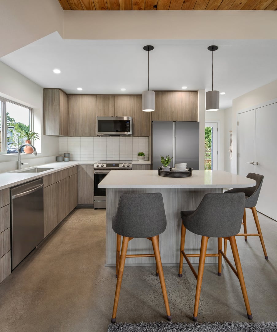 A modern kitchen in a new home in Portland, Oregon.