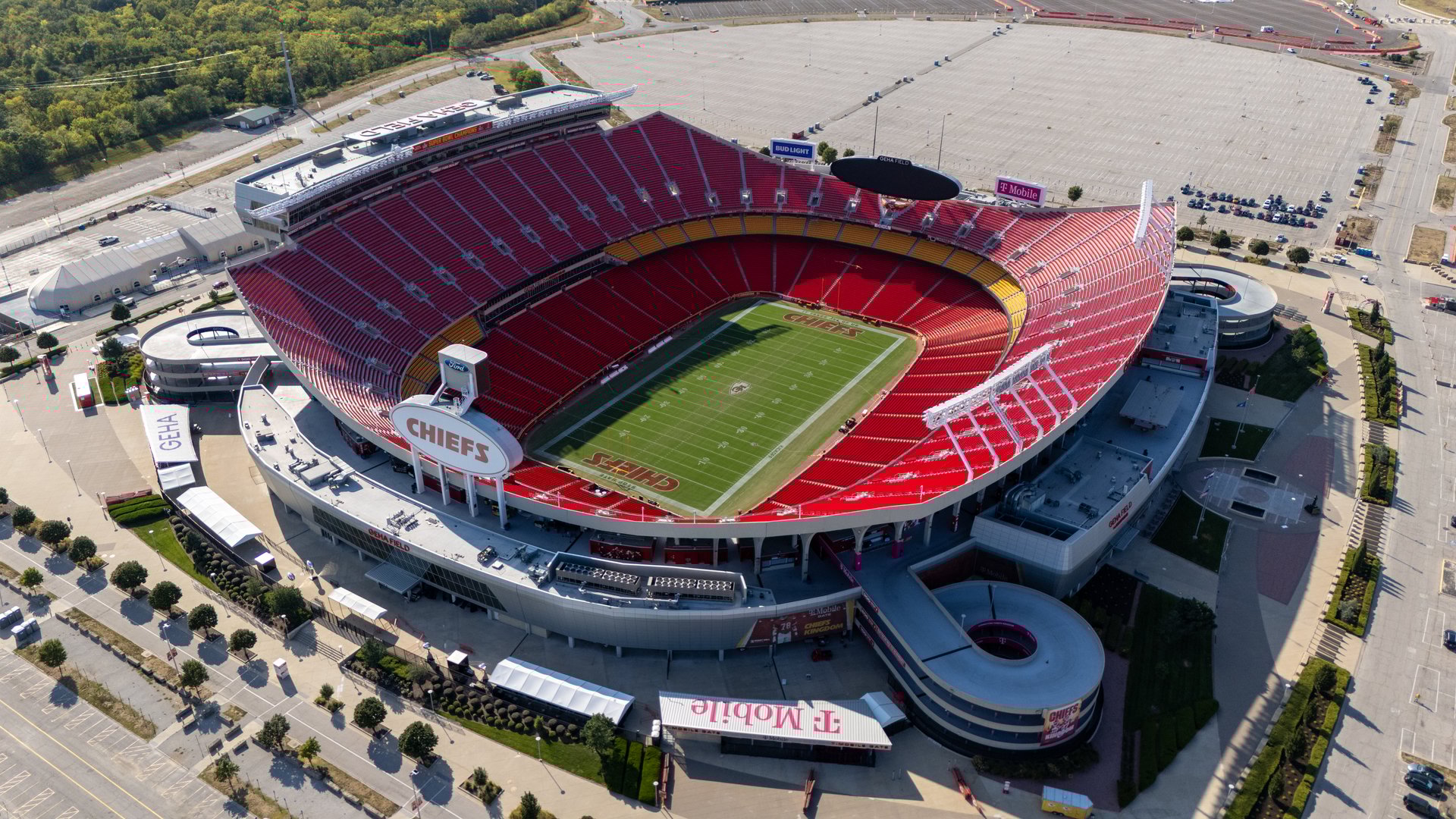 Daytime aerial drone shot of Chiefs GEHA Field at Arrowhead Stadium in Kansas City, MO.