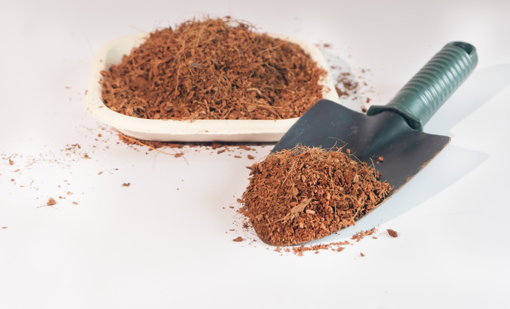 Dry Coco peat or coconut fiber and trowel for home gardening, used for container gardening with trowel.