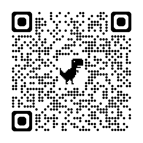 A QR code featuring a pixelated dinosaur in the center, consisting of black dots on a white background.