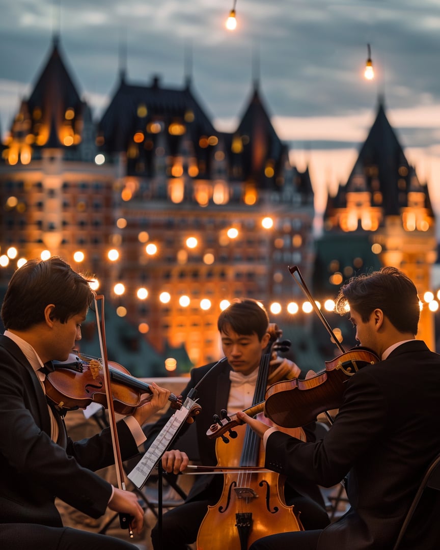 A real string quartet of four musicians in black formal attire performing together