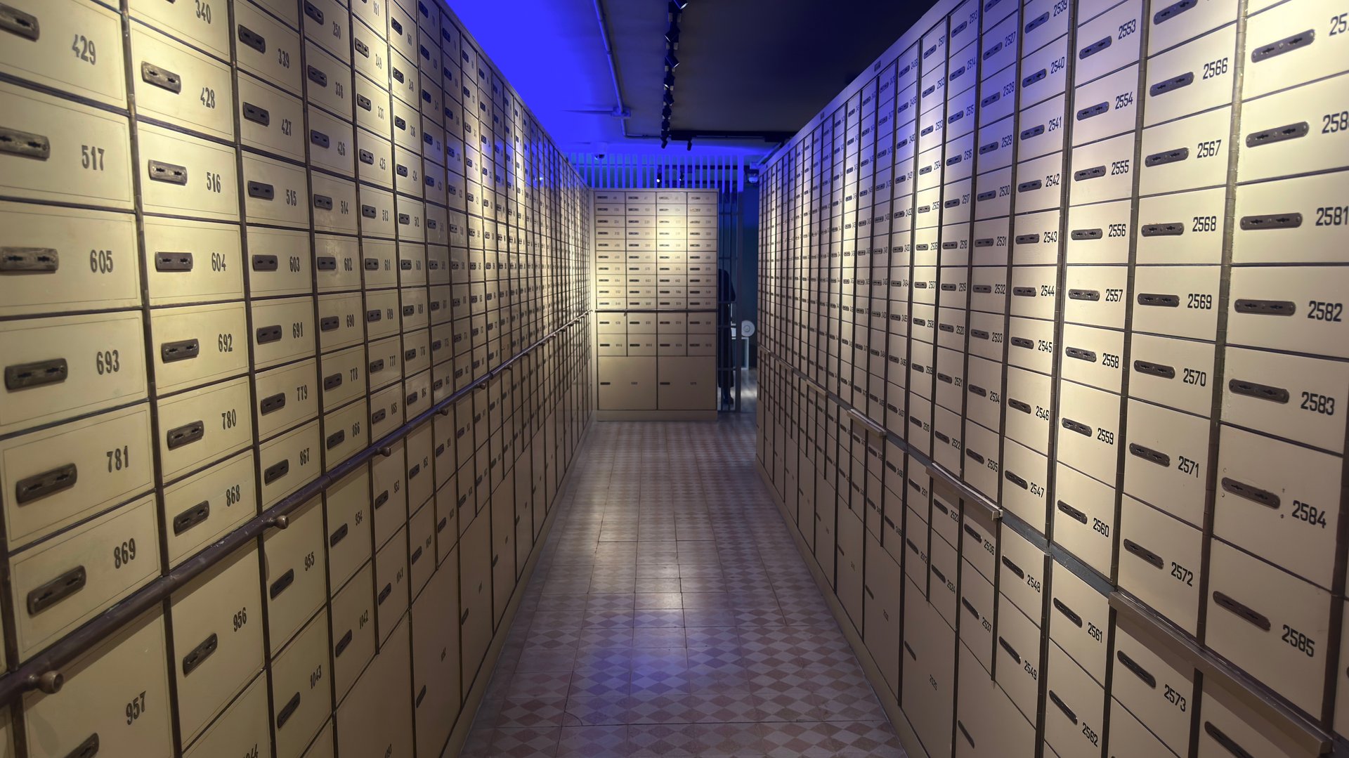 Long corridor lined with metallic safety numbered deposit boxes. Bank security and intrigue. Confidentiality and trustworthiness. Modern banking system.