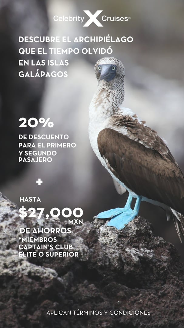 Cruise ad with a blue-footed booby, offering discounts for Galápagos trips. Includes membership benefits info.