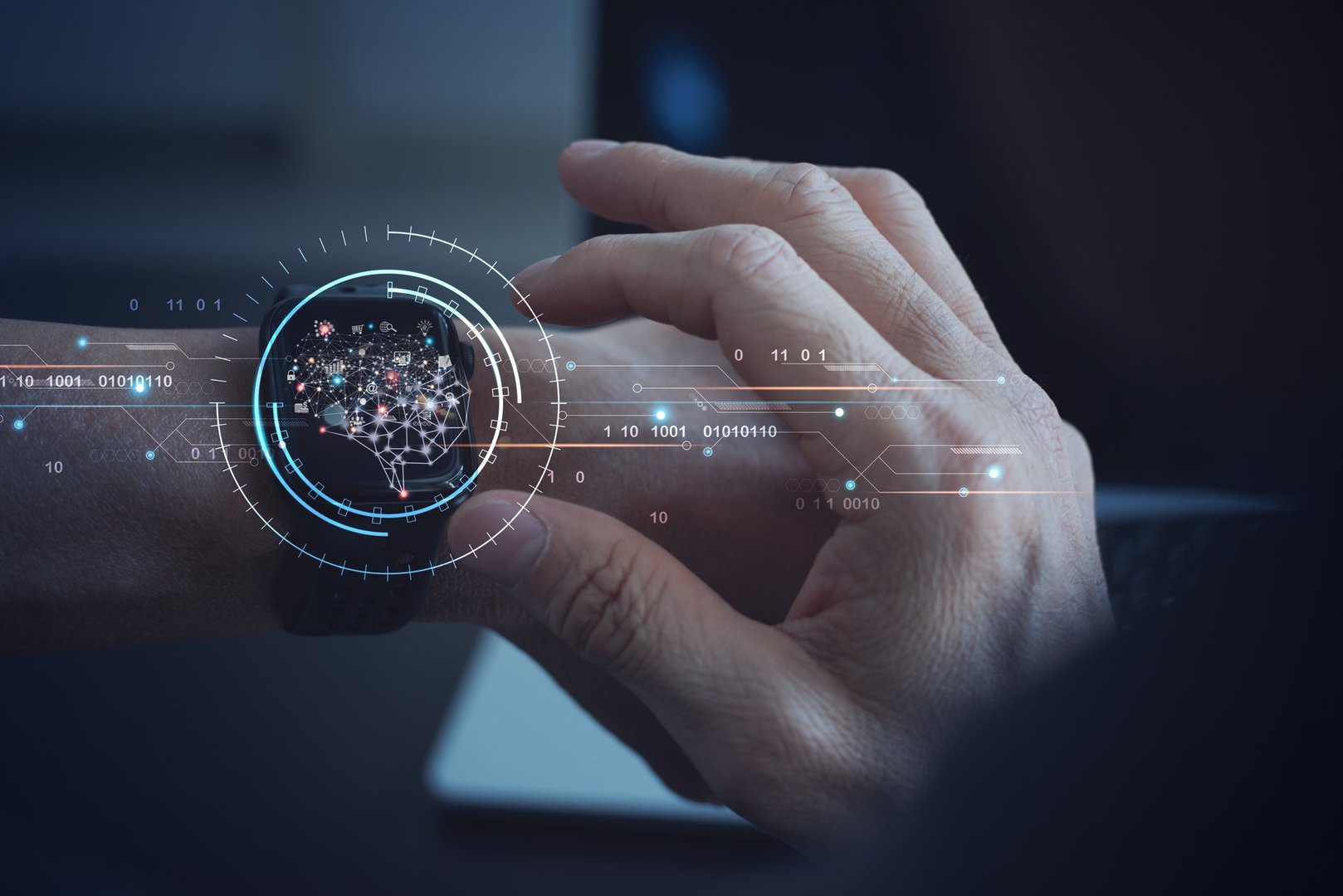 Ai Artificial Intelligence, IoT Internet of Things, digital software development. Futuristic technology innovation, Person using smartwatch with brain representing artificial intelligence