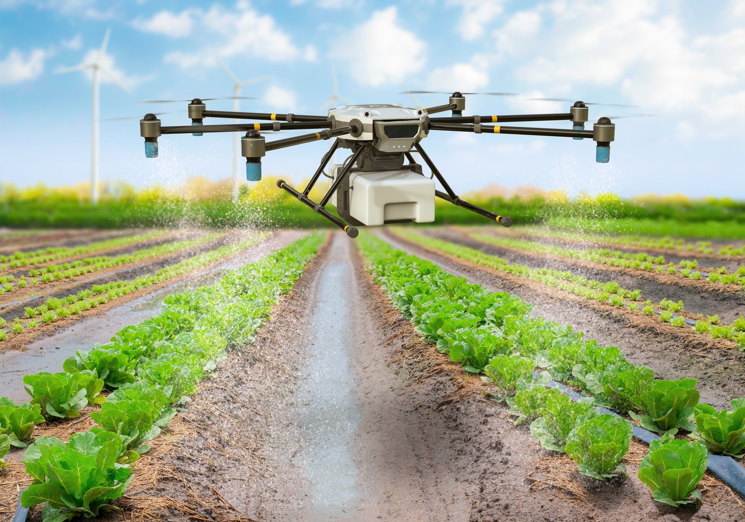 Agriculture technology concept with 3d rendering drone fly above and spray fertilizer