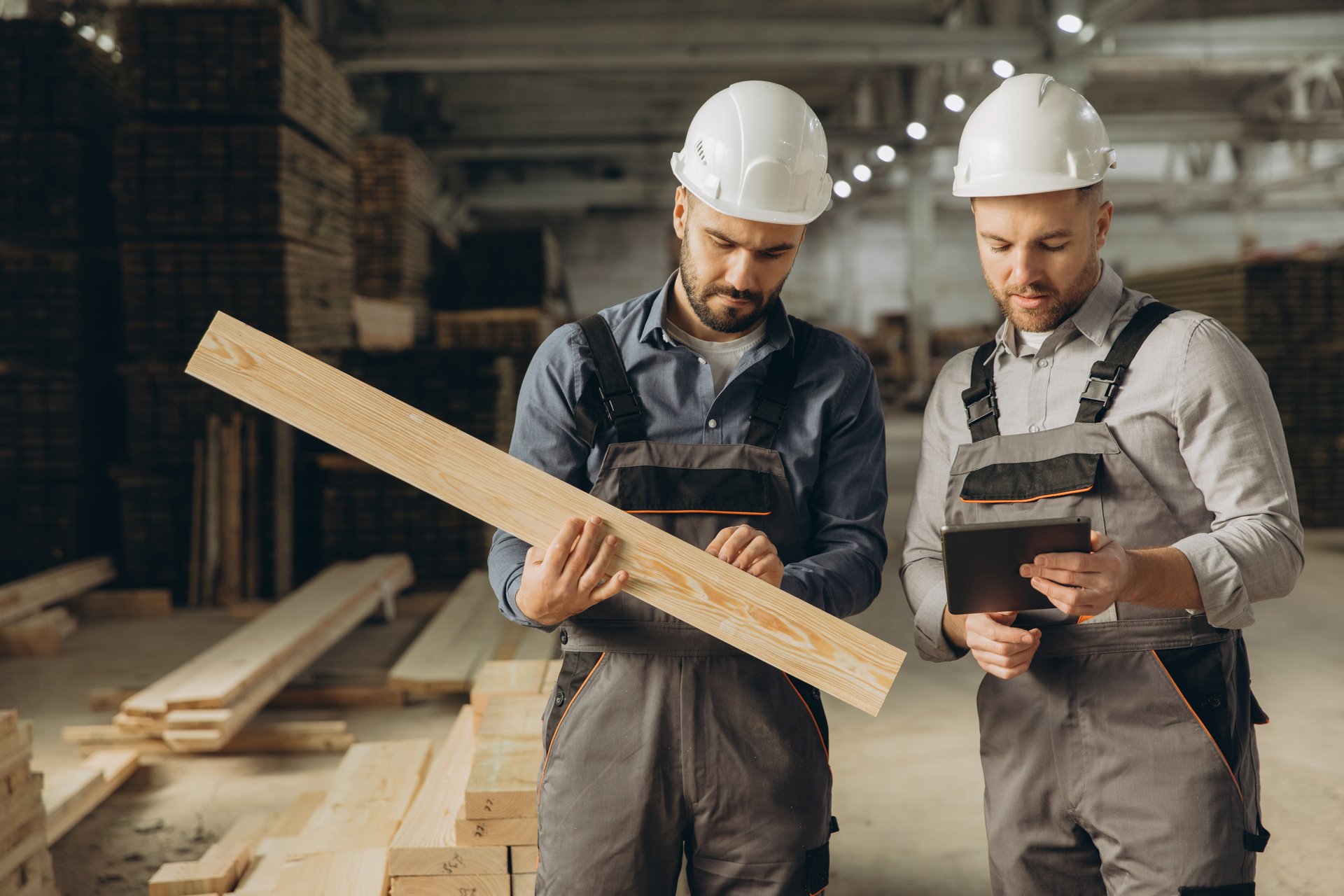 Two builders wearing hard hats are examining a wooden plank and consulting a tablet in a lumber warehouse, ensuring quality control in the modular building industry