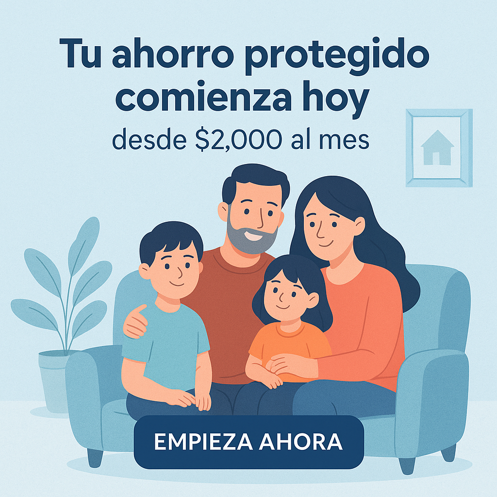 Illustration of a smiling family sitting on a couch with a blue text promoting a savings plan starting from $2,000 per month.