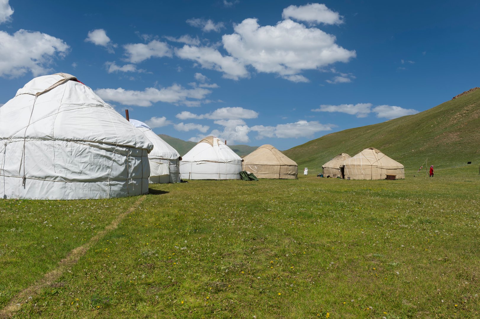 Nomad yurts, Road to Song Kol Lake, Naryn province, Kyrgyzstan, Central Asia