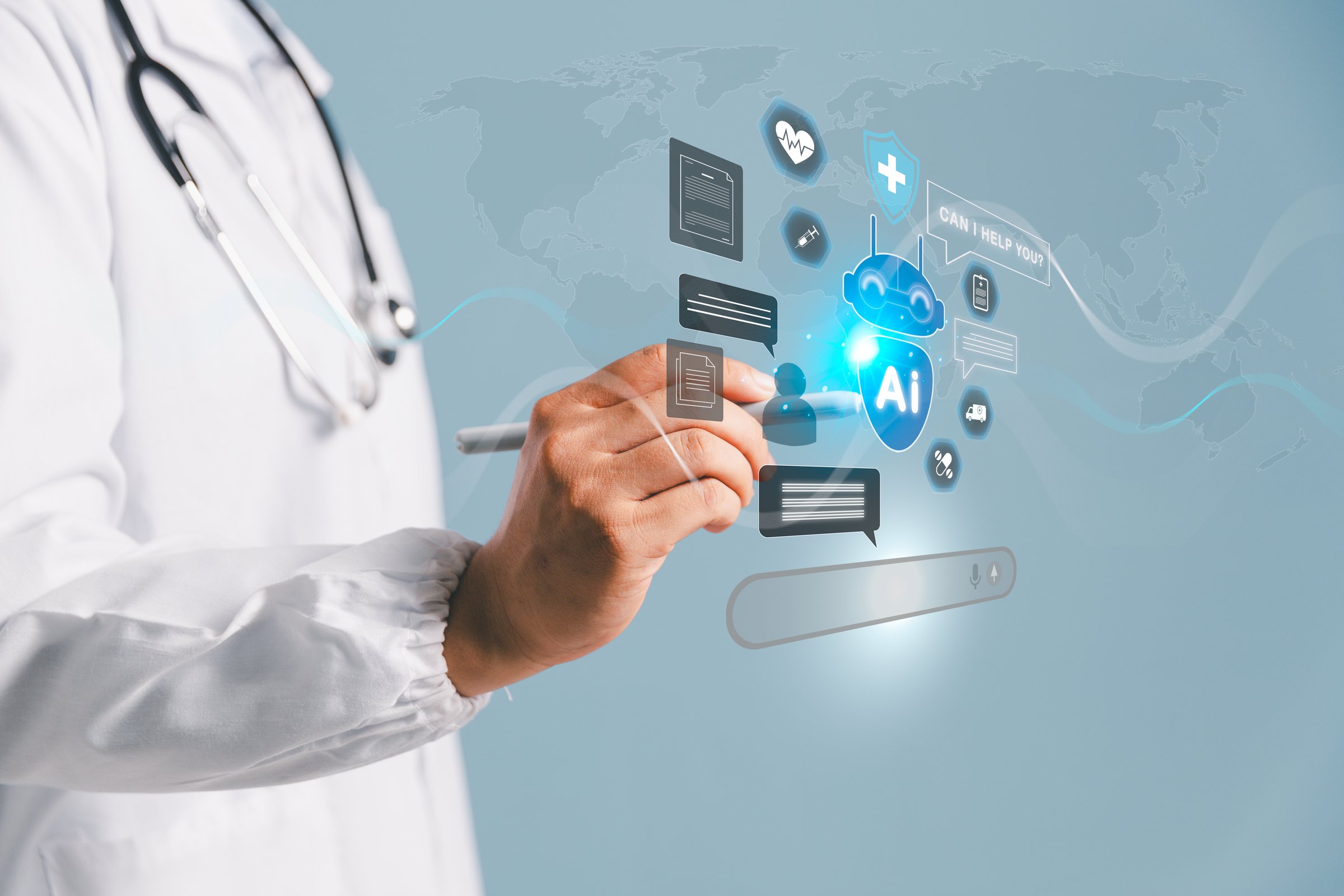 Futuristic concept of smart AI chatbot is healthcare by assisting doctor, supporting medical customer services robotic chat system powered by artificial intelligence in modern health care, medicine.