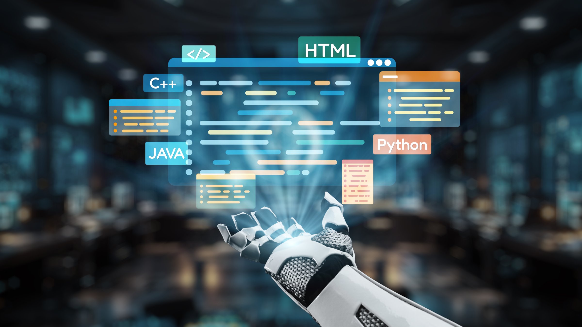 A robotic hand reaches toward floating programming code, depicting the intersection of technology, innovation, and artificial intelligence in a digital workspace setting. Auvana