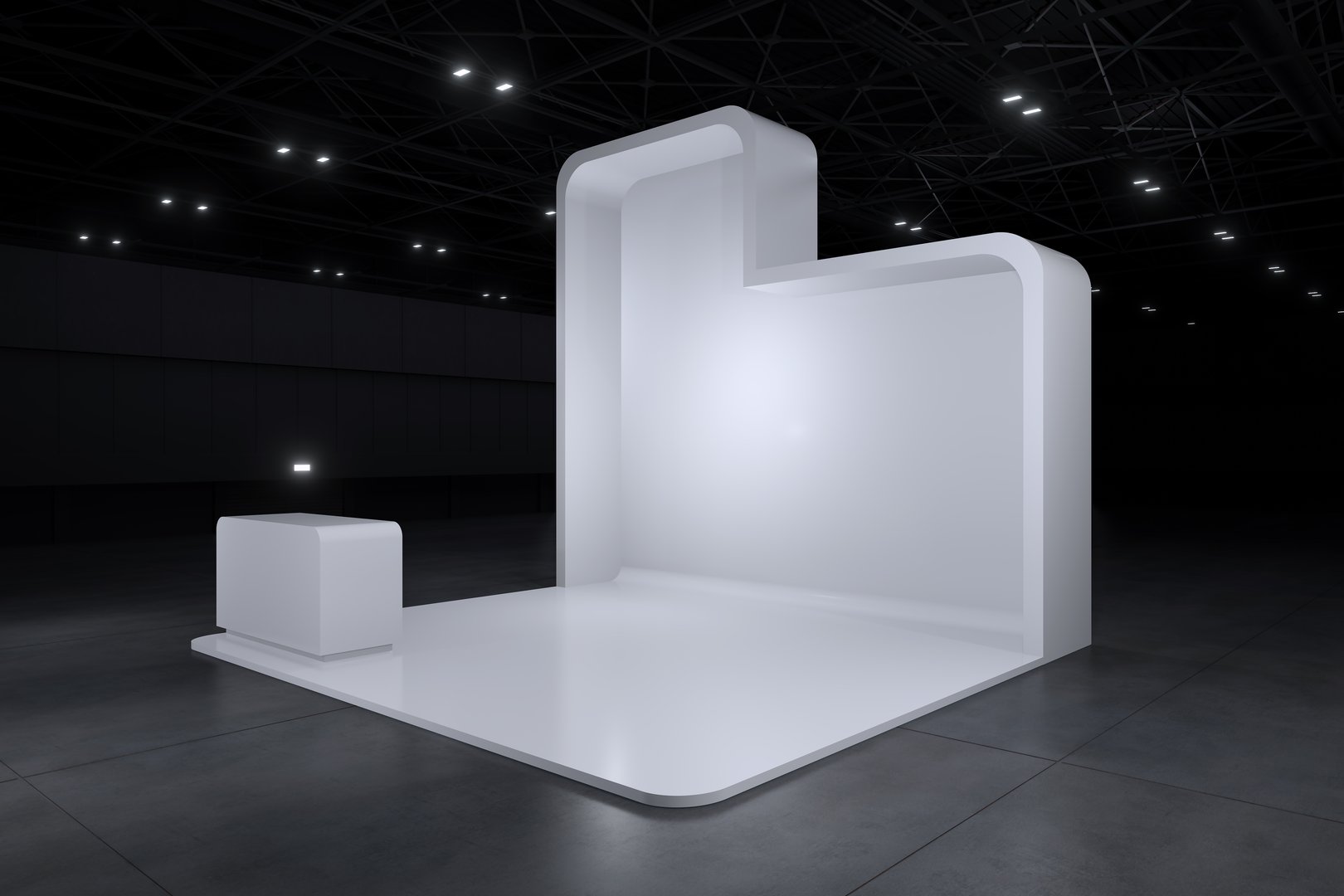Exhibition stand for mockup and Corporate identity,Display design.Empty booth Design.Retail booth elements in Exhibition hall.booth Design trade show.Blank Booth system of Graphic Resources.3d Background for online Event,conference,live.3d render.