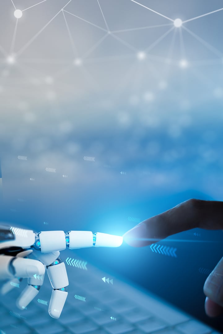 AI, Artificial intelligence, robot and human hands are touching and connecting, unity with human and ai concept, machine learning and futuristic technology background