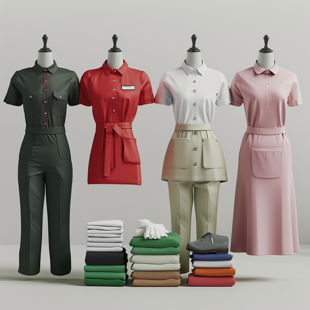 Mannequins display various uniforms with stacks of folded clothes, gloves, and shoes in front, set against a neutral background.