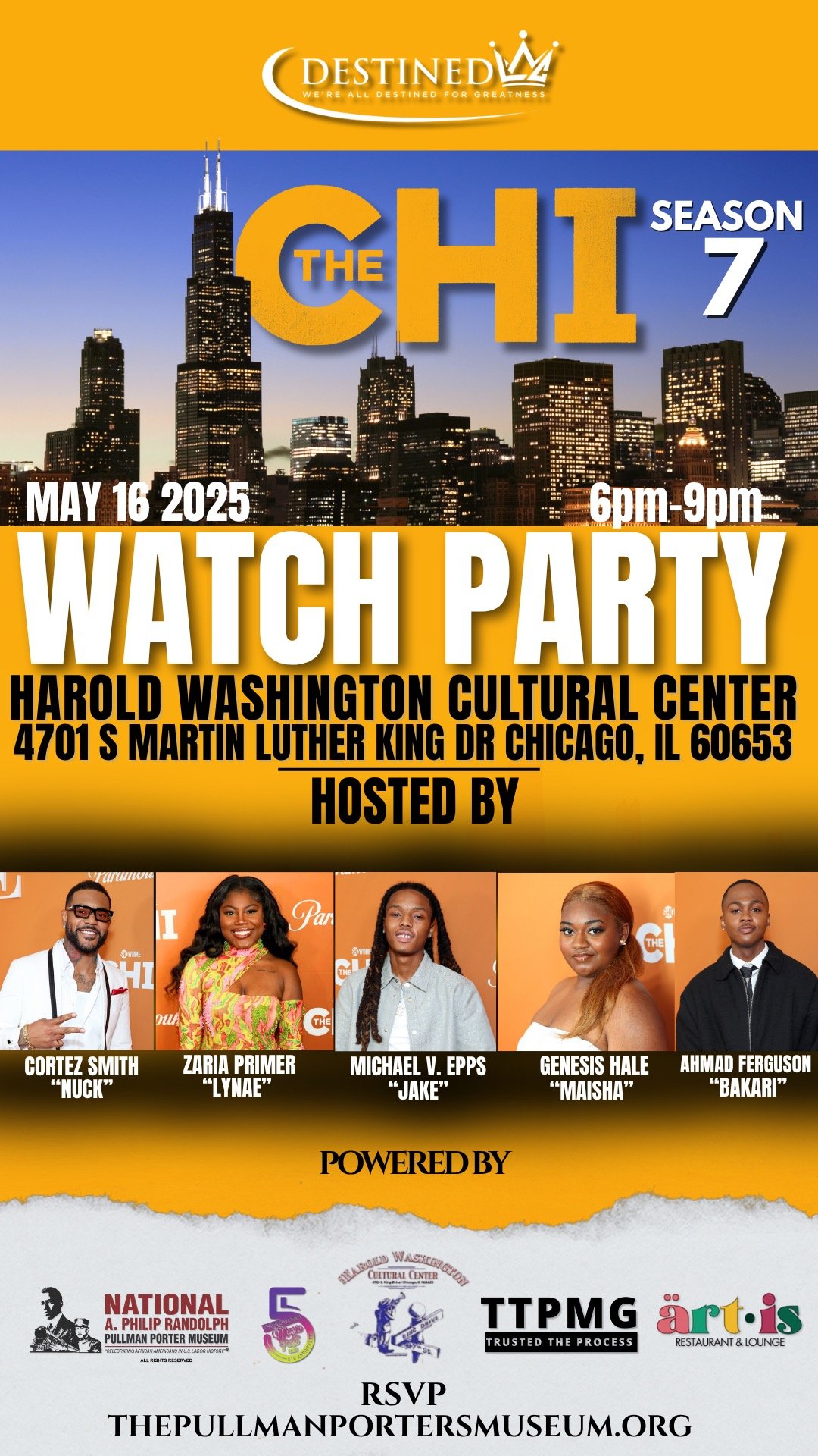 Flyer for The Chi Season 7 watch party on May 16, 2025, at Harold Washington Cultural Center, Chicago, featuring five hosts.