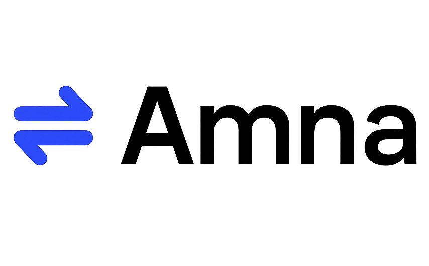 Logo with a blue double arrow next to the word Amna in black text.