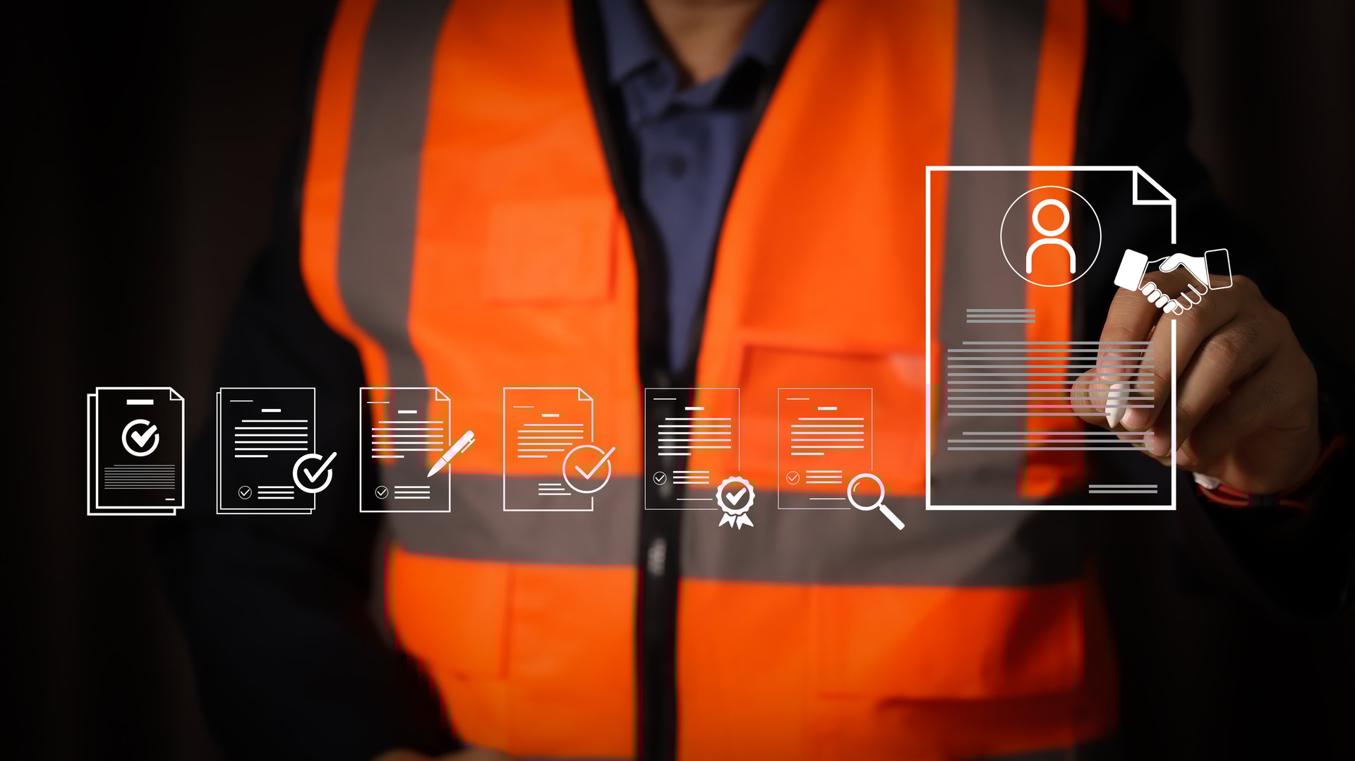 Construction worker signing digital contract agreement. Engineering business partnership and employment concept. Man hand using stylus pen on modern virtual document interface.