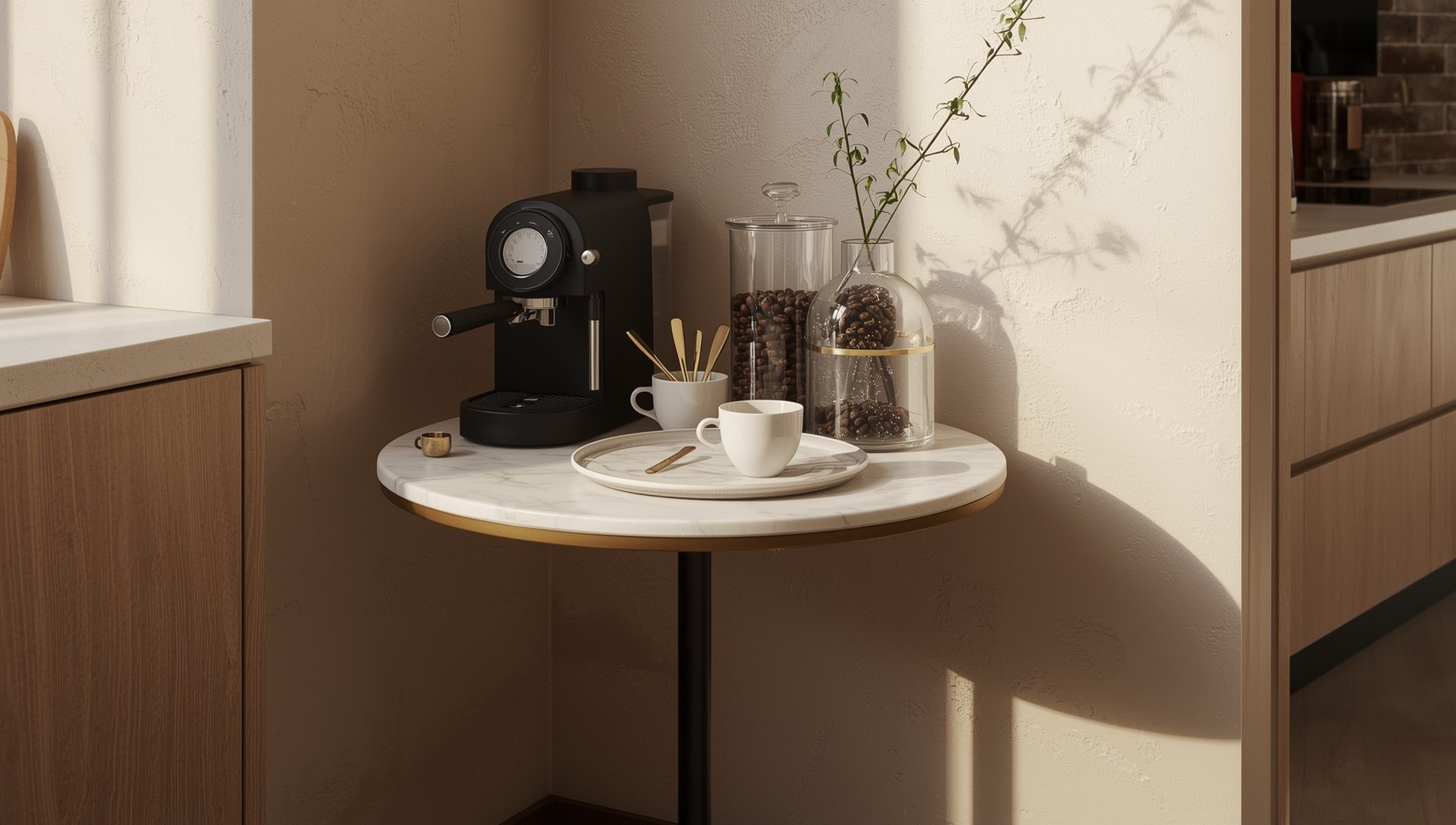 Kaffetralle med kaffestasjon, kaffemaskin og organisering