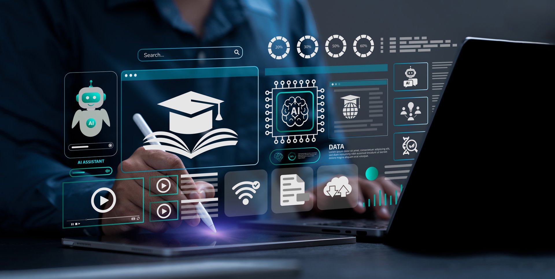 AI Artificial Intelligence and Education technology concept. A man use laptops, Learn lessons and online webinars successfully in modern digital learning, Courses to develop new skills. E-learning.