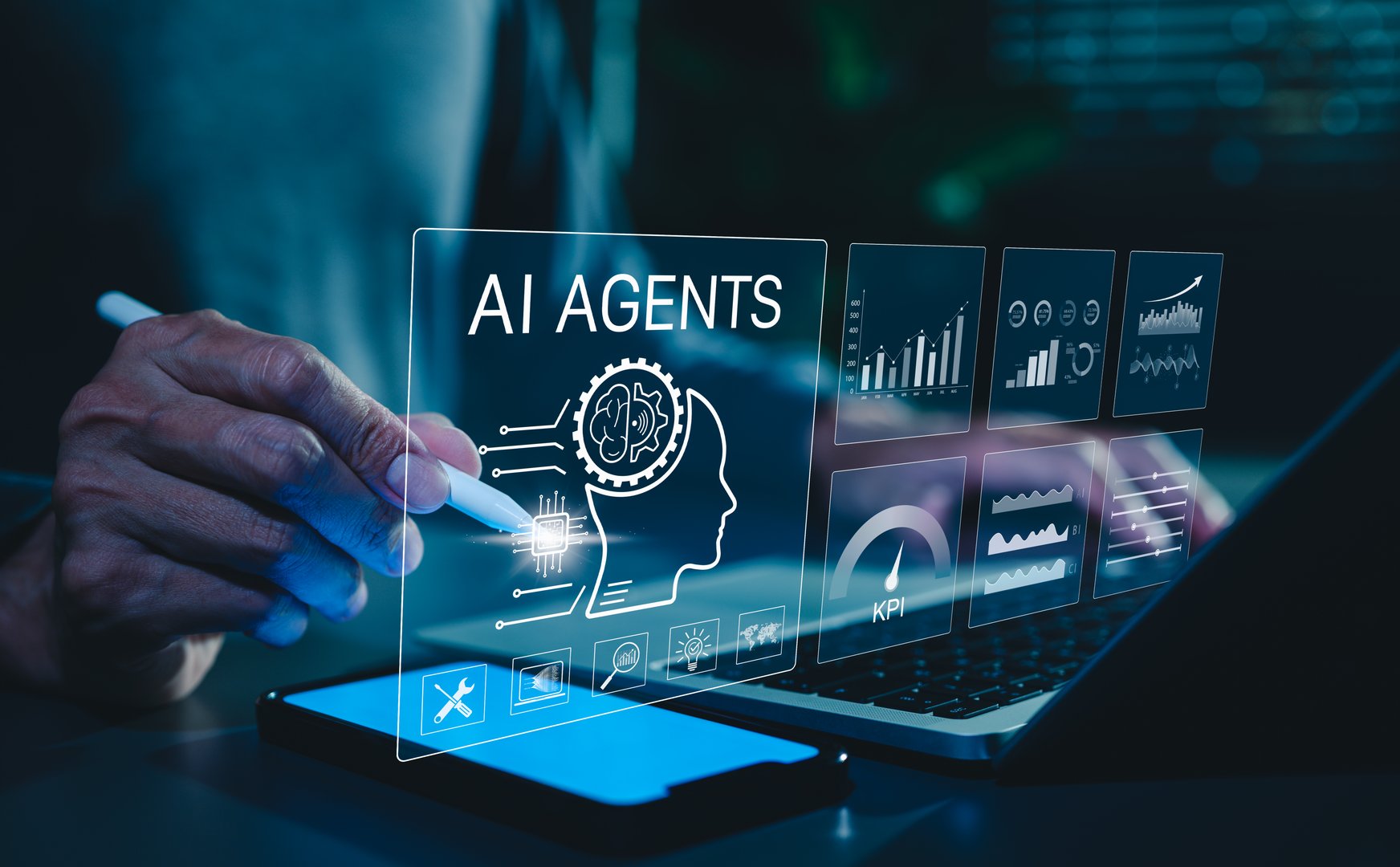 AI Agent Concept. Person interacts with AI agent technology, analytics charts, performance KPIs, symbolizing artificial intelligence in business innovation. data analysis for business intelligence, dashboard ui,