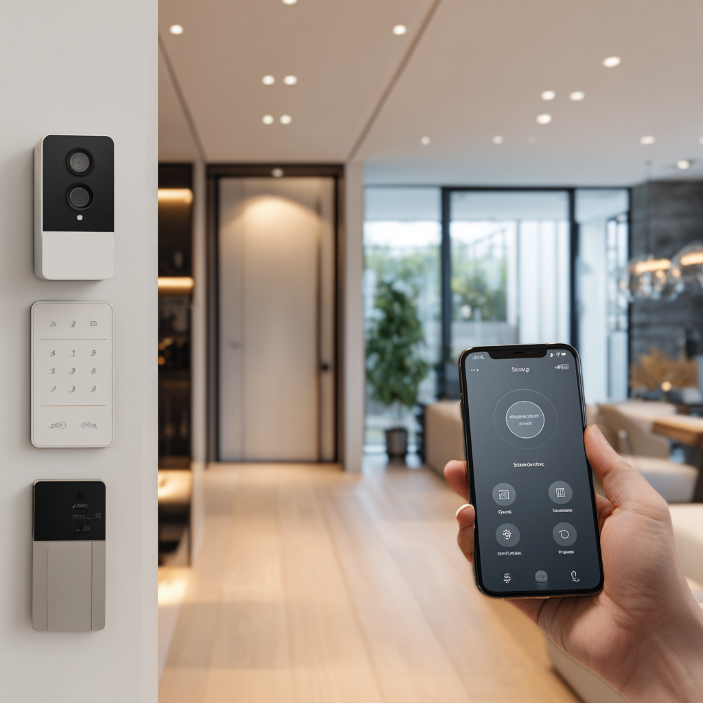 Smart home security system with camera and keypad, controlled by a smartphone app, in a modern living room setting.