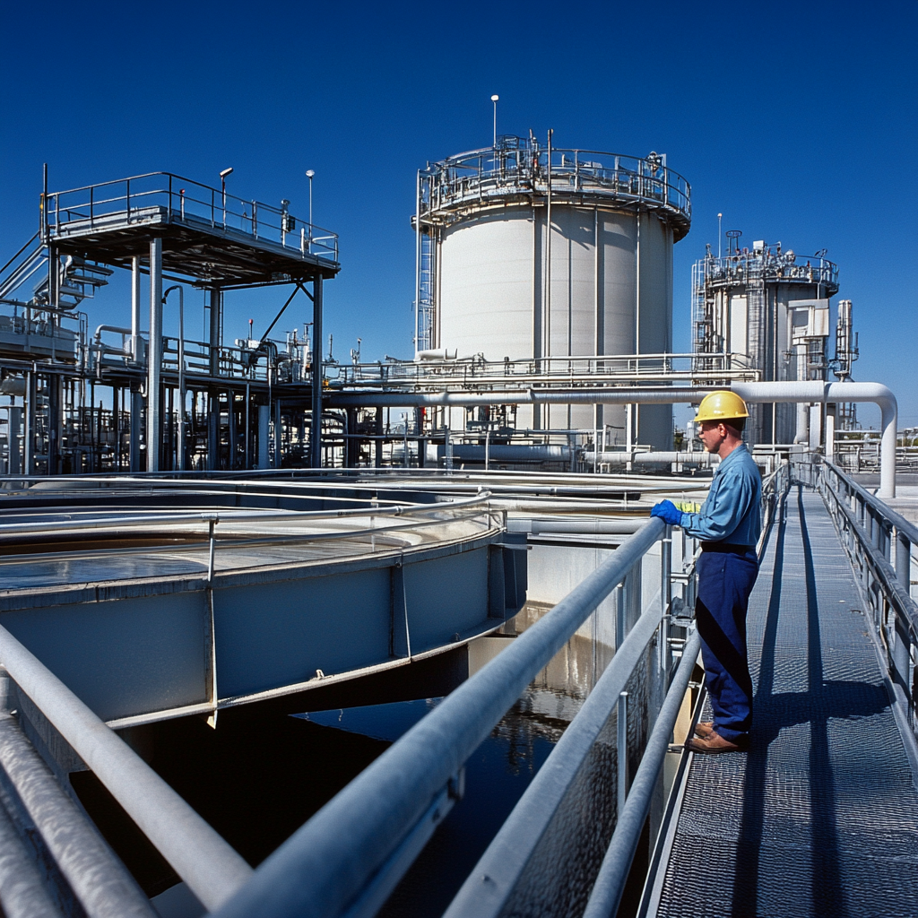 Engineer in a hard hat inspects an industrial facility with large storage tanks and metal walkways under a clear blue sky.
