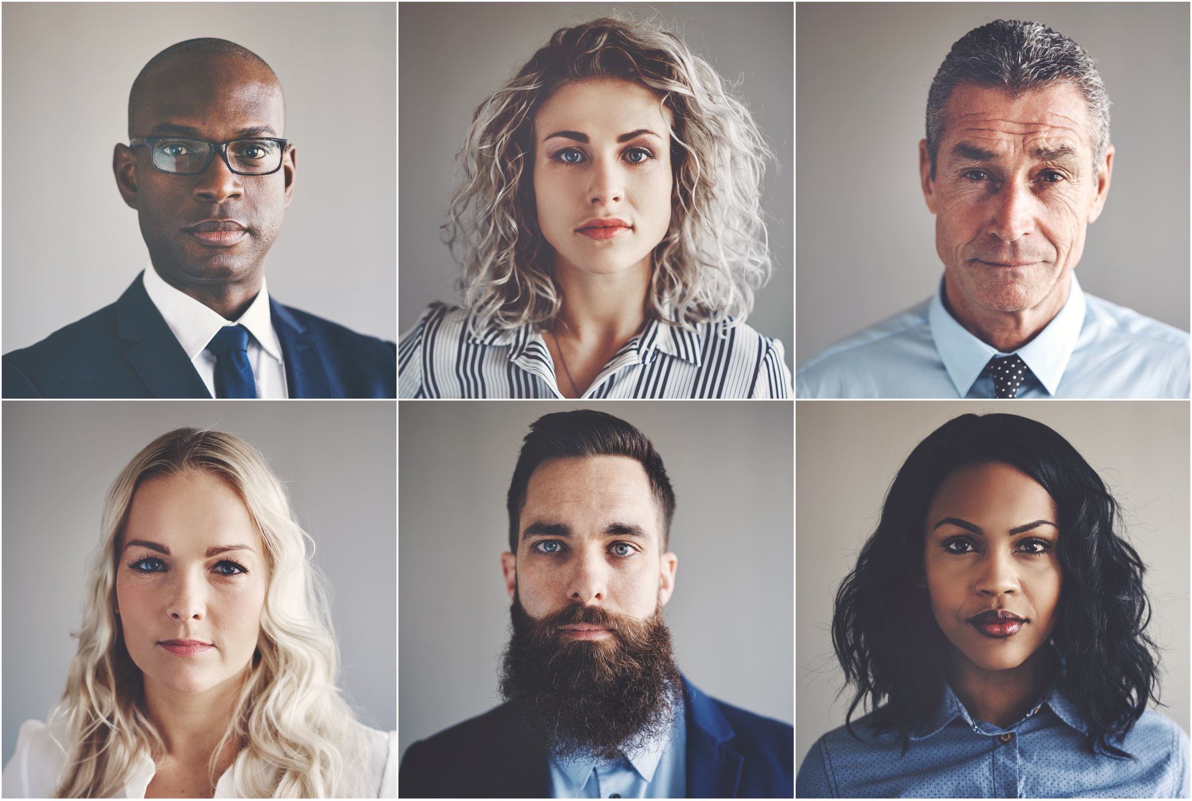Collage of portraits of an ethnically diverse and mixed age group of focused businessmen and businesswomen