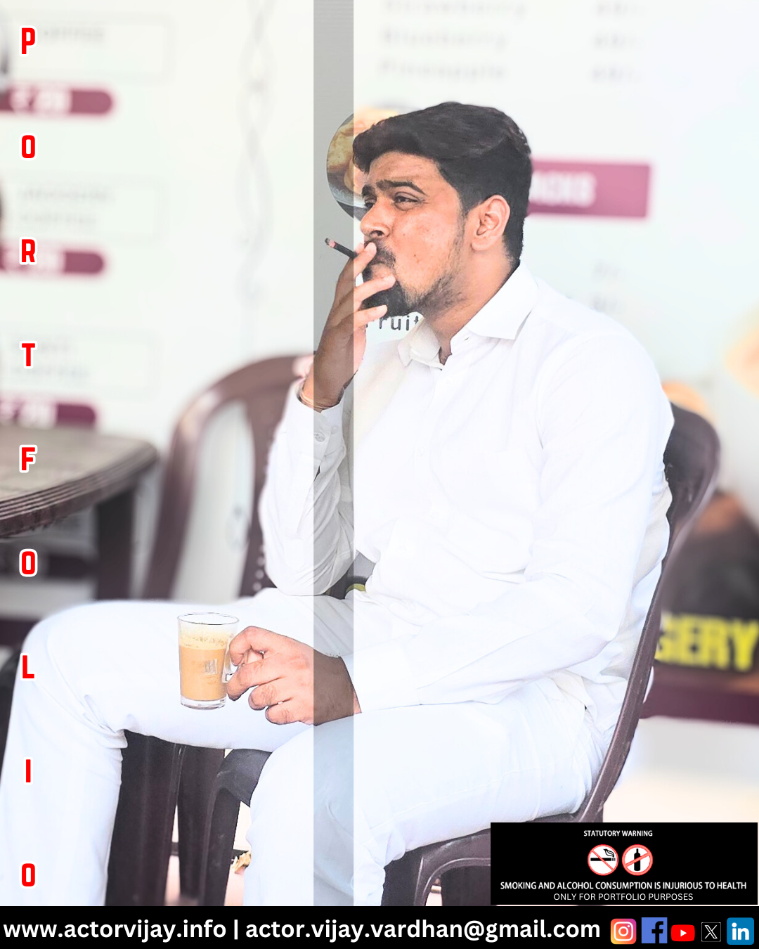 Man in white attire smoking and holding a drink, seated on a brown chair. Text on sides includes "Portfolio" and contact info.