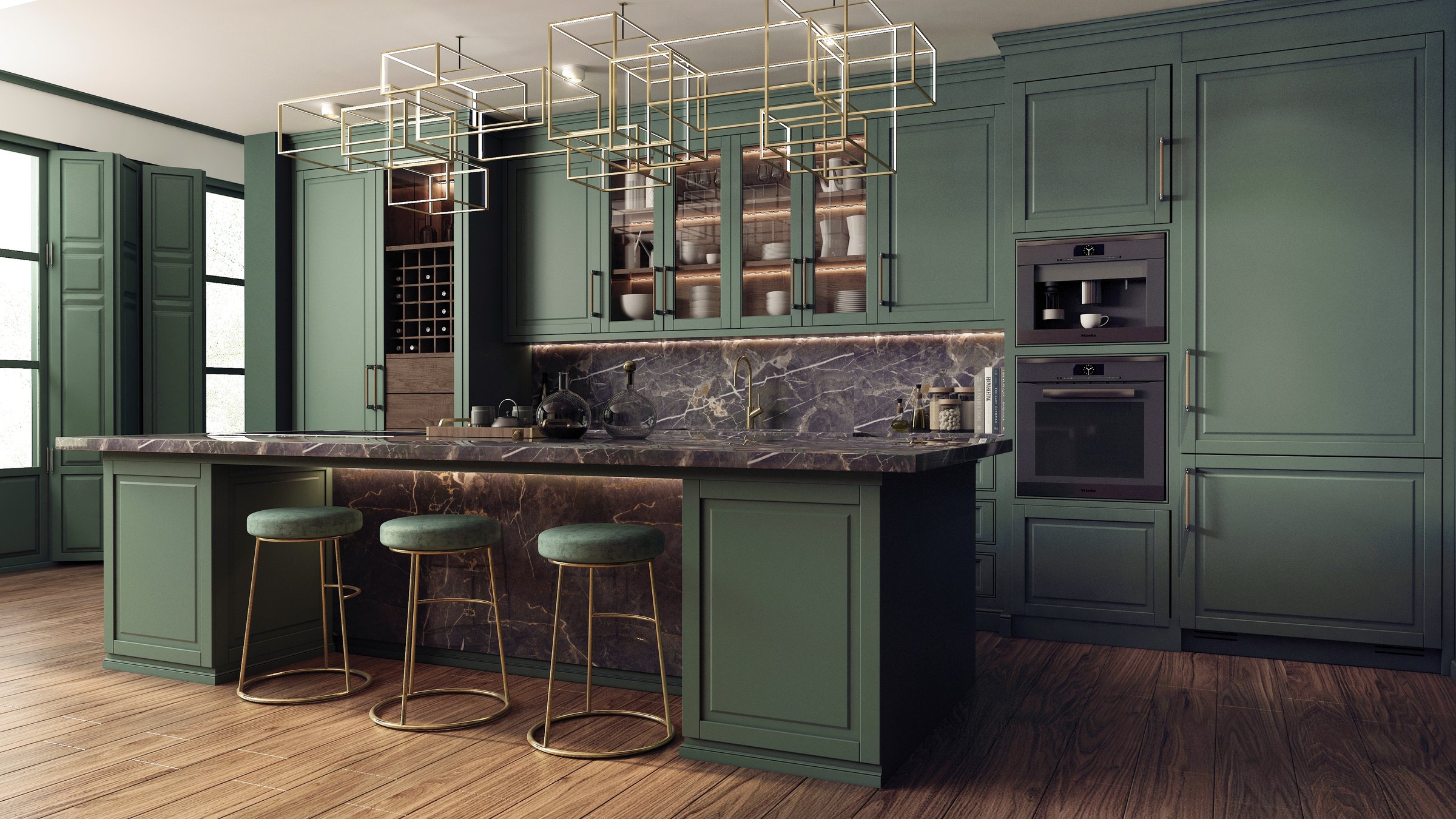 The interior of the kitchen was designed as a combination of classic modern and glamour styles.