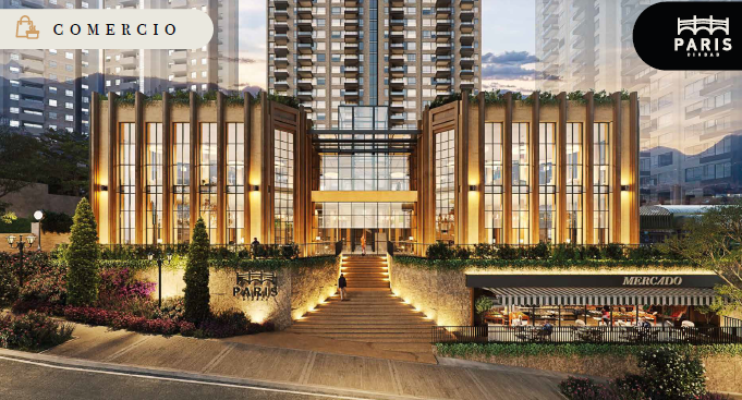 Modern building with tall glass windows, stairs leading to entrance, and a market cafe on the right. Urban setting.