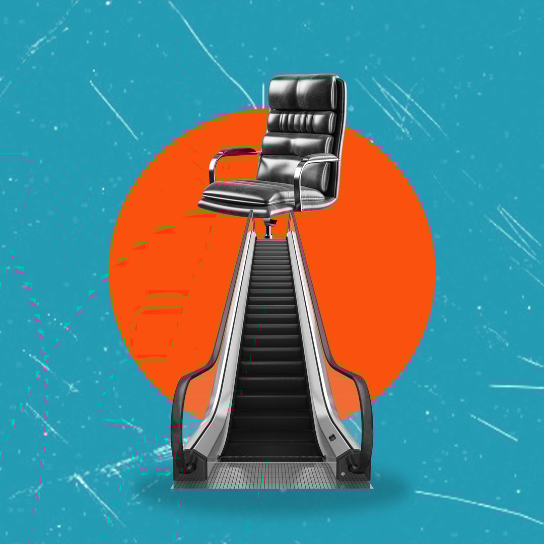 A collage of contemporary art. Climbing the career ladder up to chief employee. Director's chair. The concept of professional growth.
