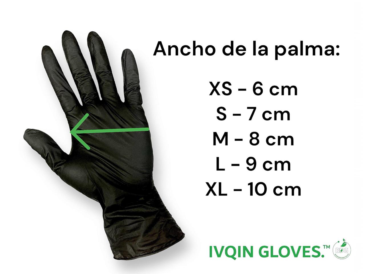 Black glove with text describing palm width sizes from XS to XL in centimeters. Brand logo IVQIN GLOVES at the bottom.