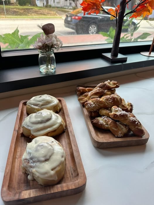 Fresh baked cinnamon roll from The Bottom Line Bakeshop
