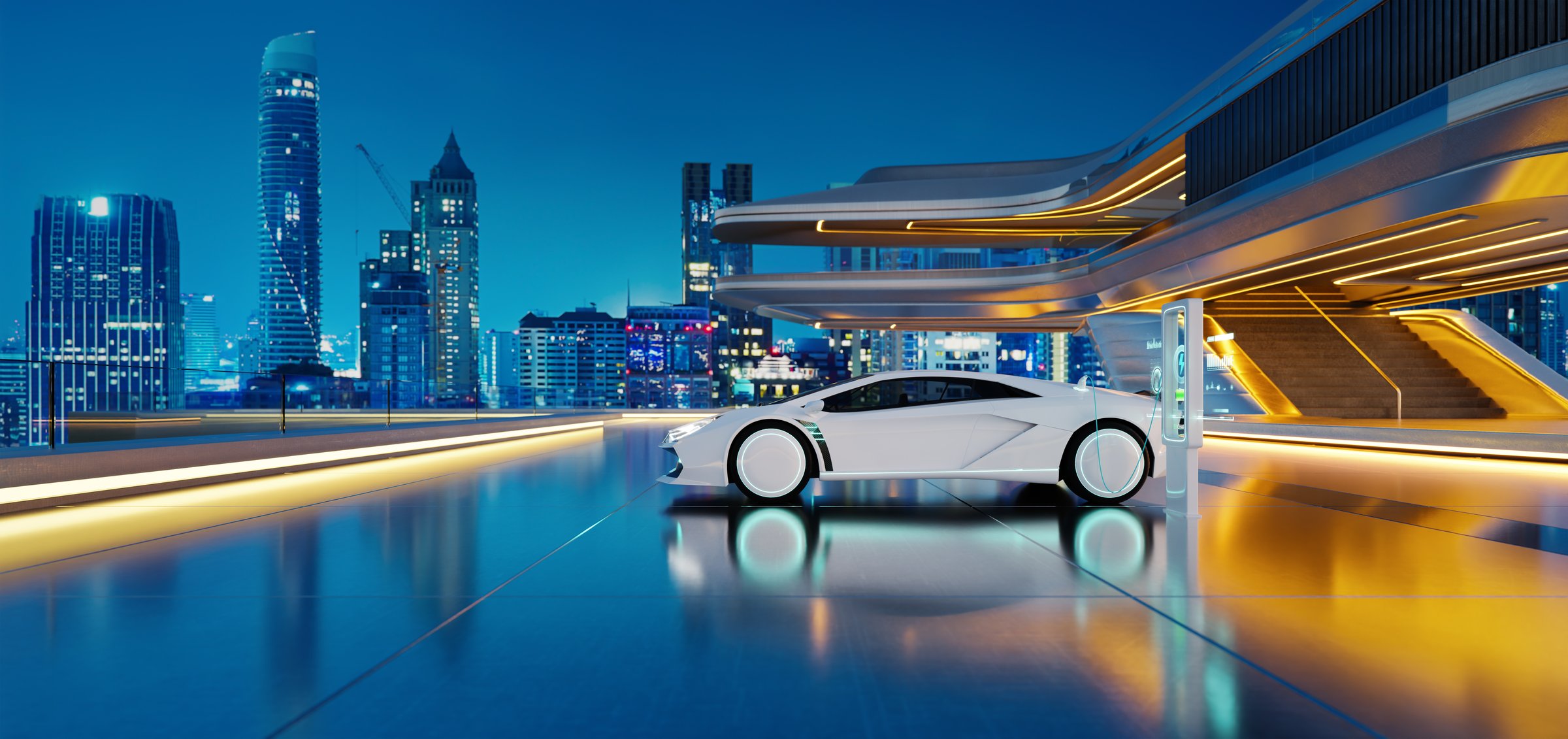 Sleek white electric sports car charging on rooftop parking lot in a futuristic cityscape at dusk, showcasing innovation and luxury. 3D rendering